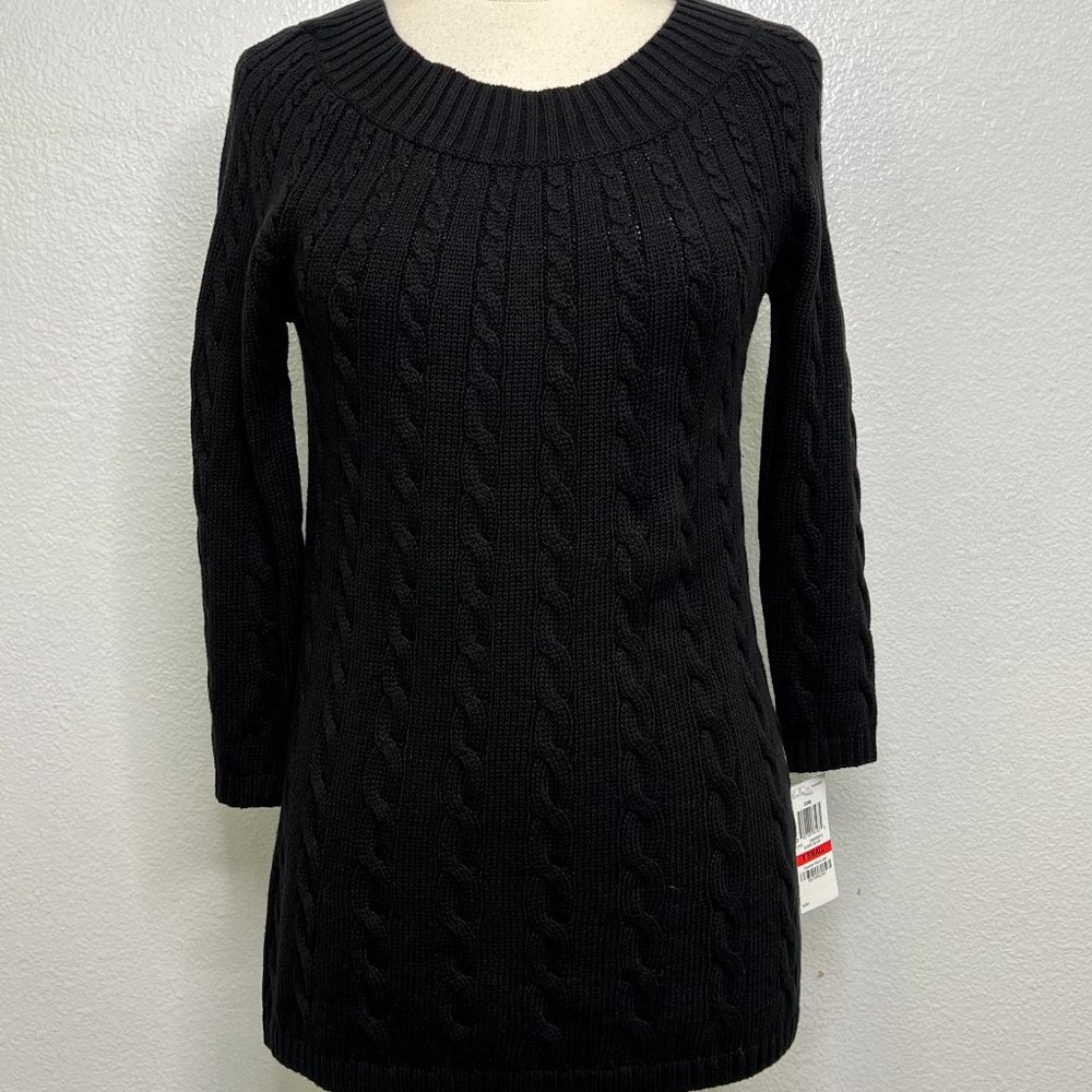 NWT Charter Club Cable-Knit Cotton‎ Sweater in Black Size XS